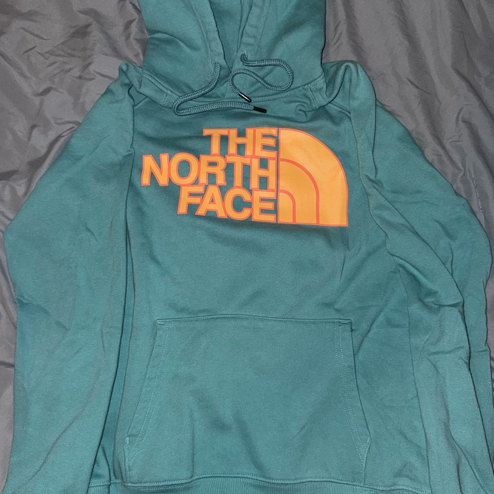 The North Face Green Hoodie with Orange Logo